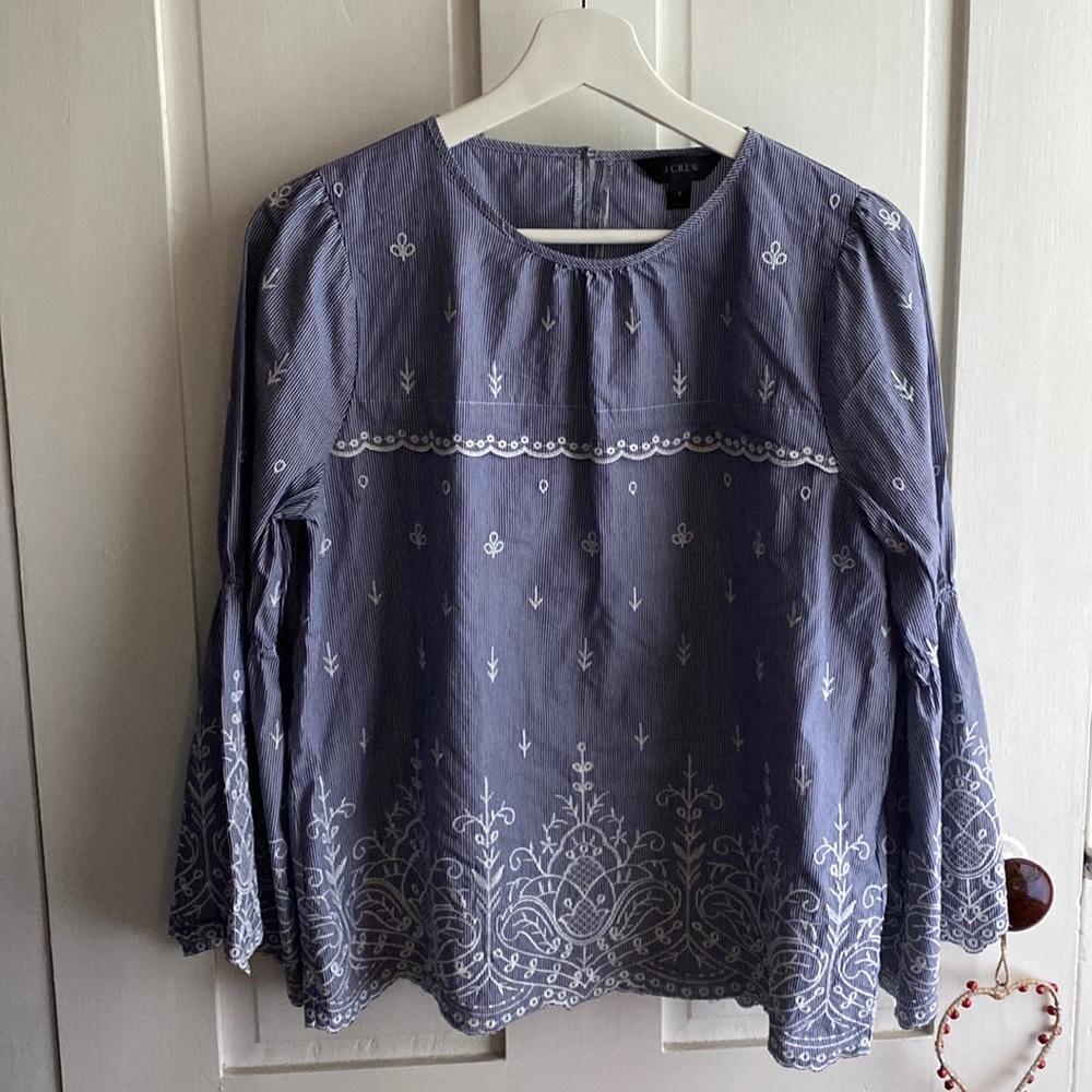 JCREW embroidered top blue and white pin stripes size S EUC